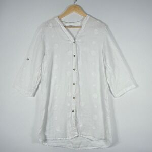 Rosemarine‎ Womens Large Made in Italy White Circles Linen Tunic Top Shirt